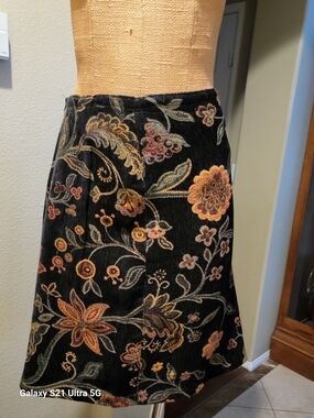 CAbi Black Velvet A-Line Skirt with Pink, Gold & Green Floral Embroidery
